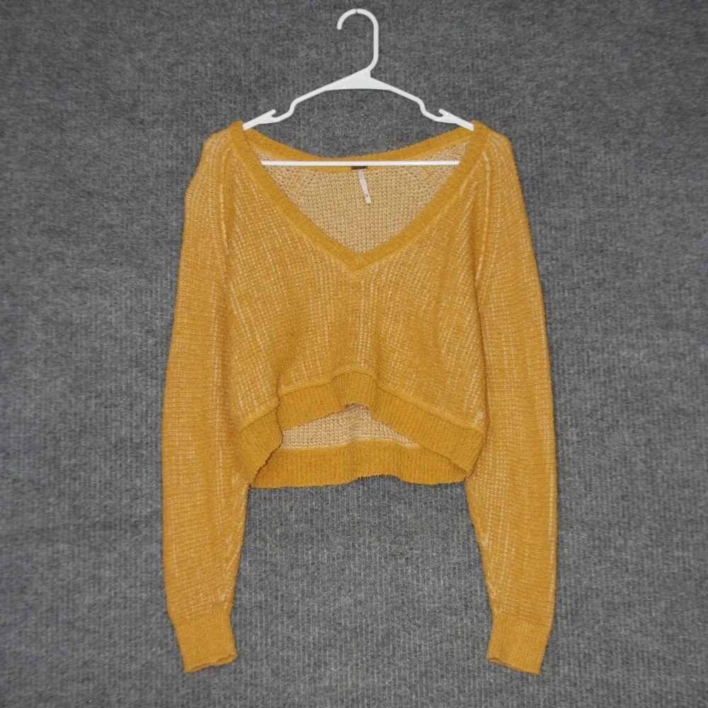 Free People V Neck Cropped Sweater Womens XS Yellow Good Cotton Knit Long Sleeve